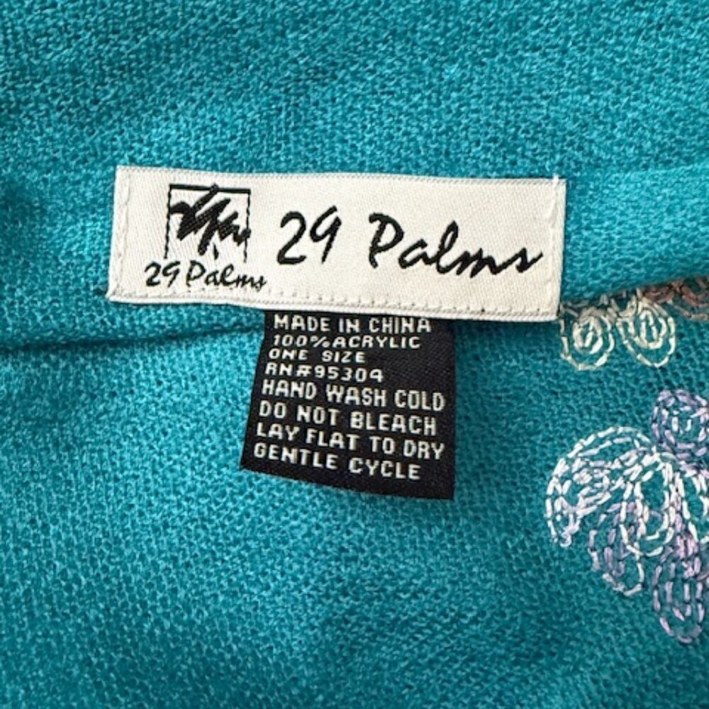 29 Palms Teal Scarf Wrap Shawl Floral Embroidered Fringe One Size - Picture 7 of 7